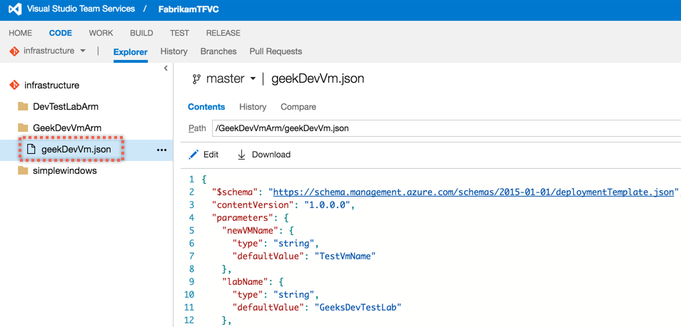 ARM Template in Git Repository VSTS