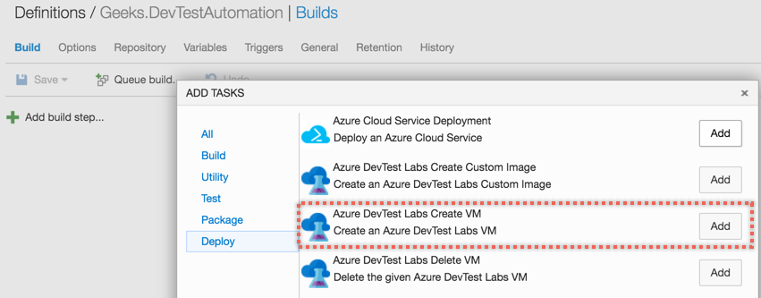 Add Azure DevTest Lab Create VM Task
