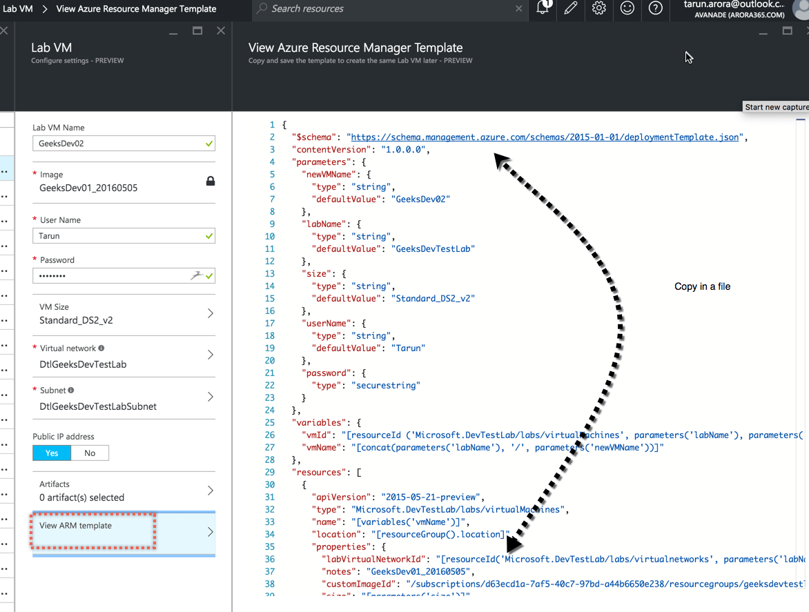 Export ARM Template from AzureDevTestLab VM