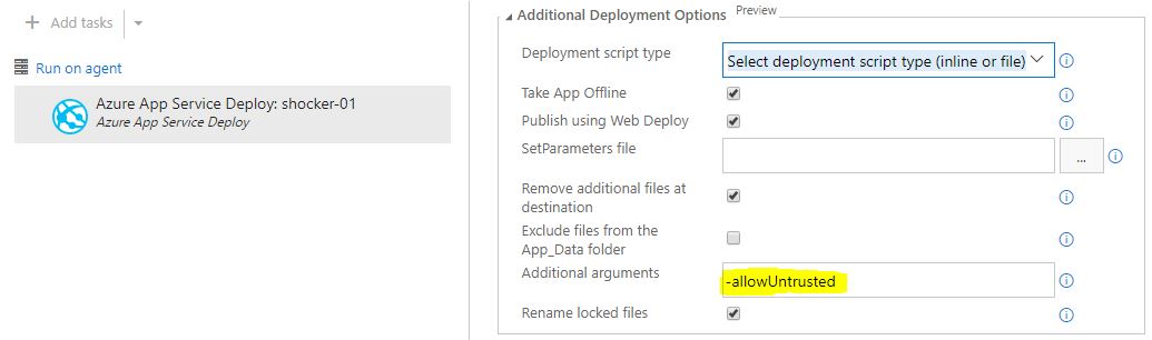 VSTS Azure App Service Error Certificate AllowUntrusted