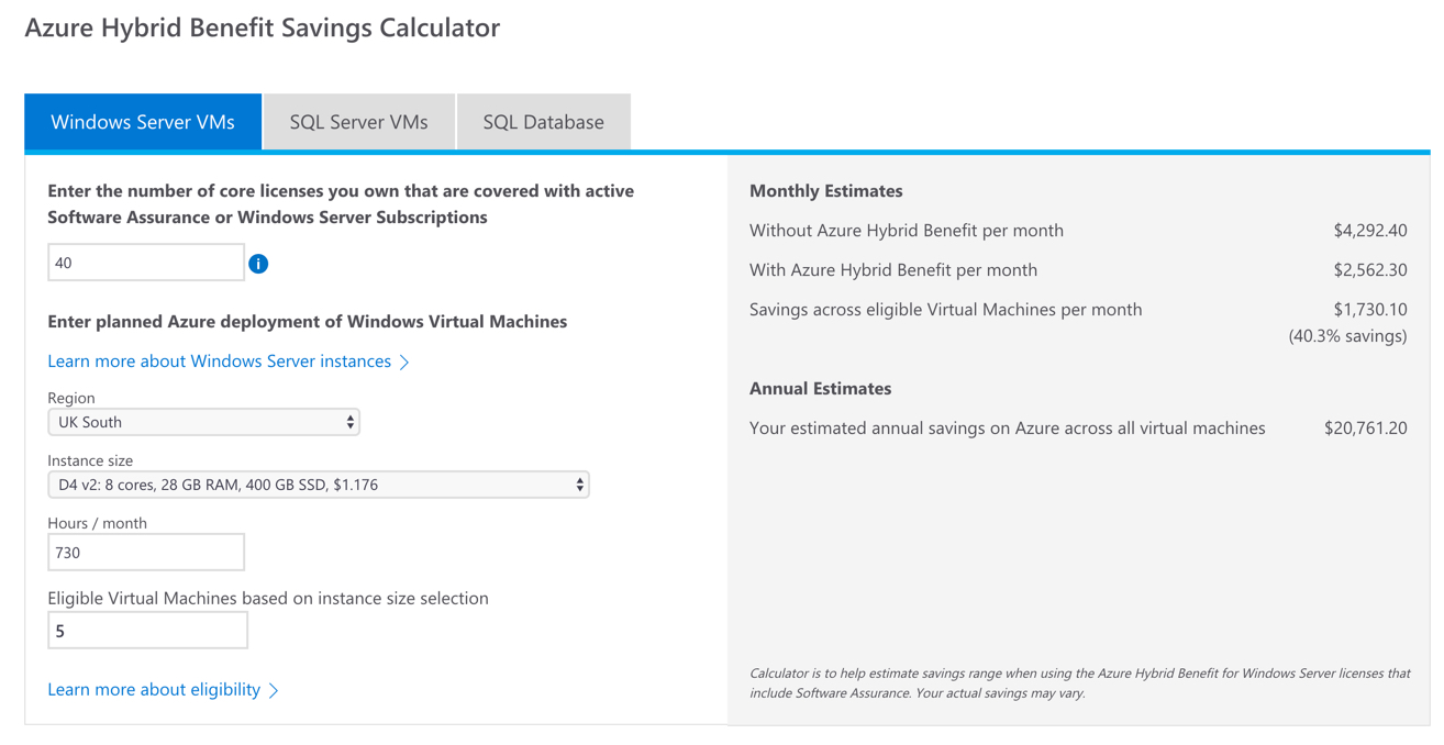 Azure Hybrid Benefits Savings Calculator