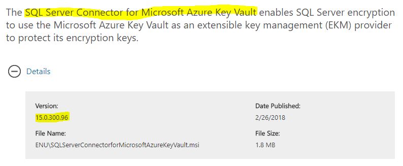 Sql Server connector for Microsoft Azure Key Vault v15.0.300.96